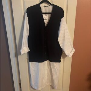 Zara Oversized Navy Vest Over White Pinstripe Shirt Dress/Cardigan
